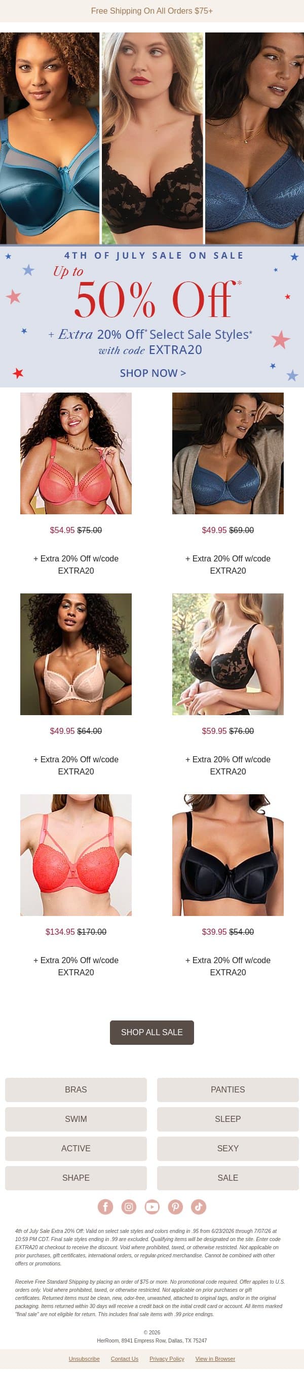 Don't Miss Up to 50% Off + Extra 20% Off Select Sale Styles email from HerRoom screenshot