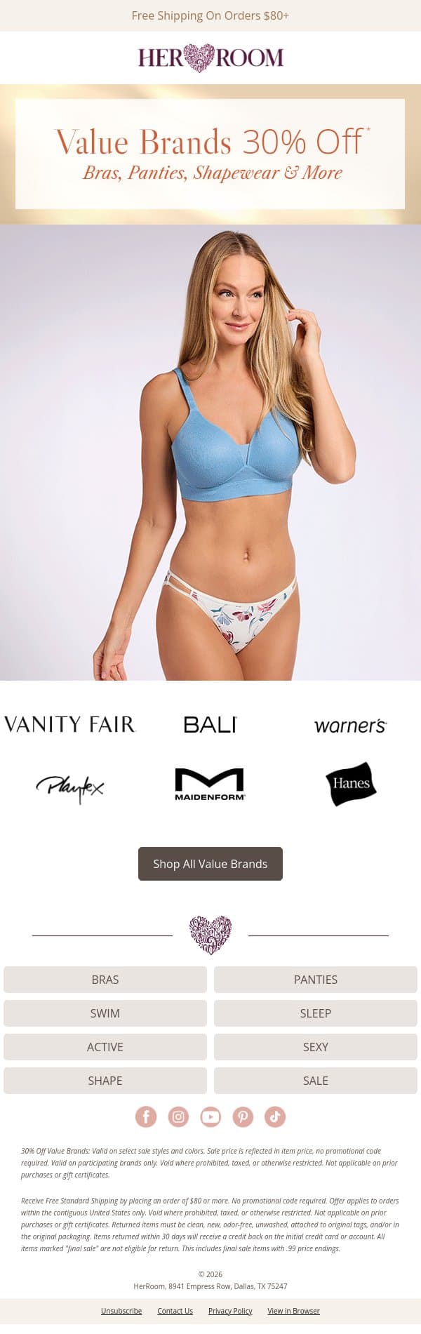 30% Off Value Brands: More Styles, More Savings! email from HerRoom screenshot