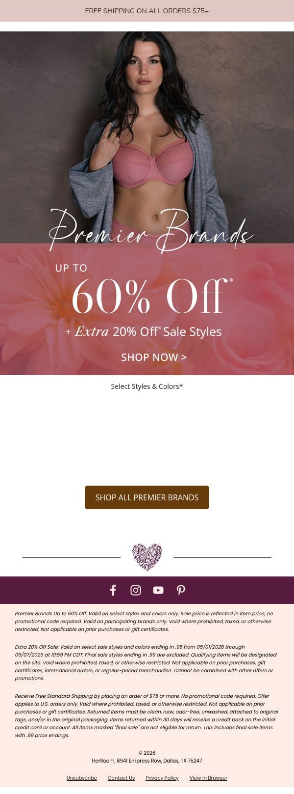 Up to 60% Off + Extra 20% Off Premier Brands email from HerRoom screenshot