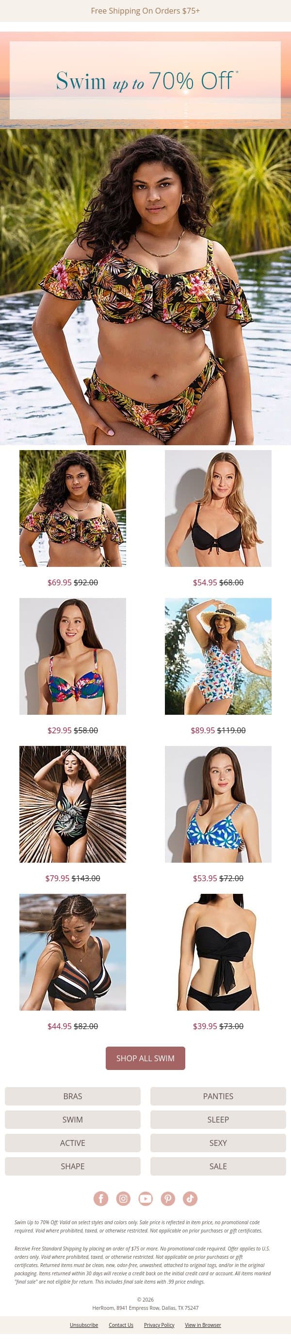 Sun, Sand & Savings: Swim Up to 70% Off email from HerRoom screenshot