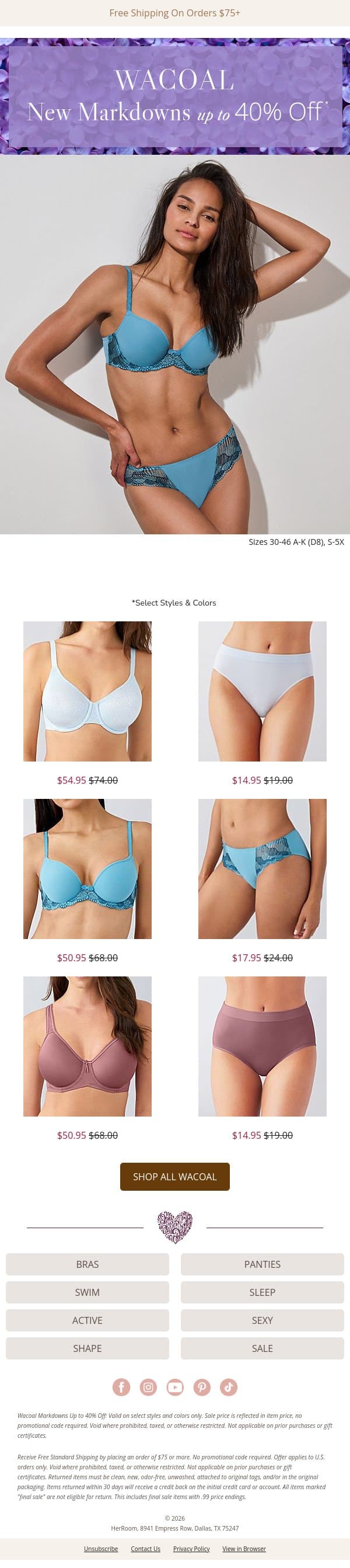 Fresh Wacoal Markdowns, Up to 40% Off! email from HerRoom screenshot