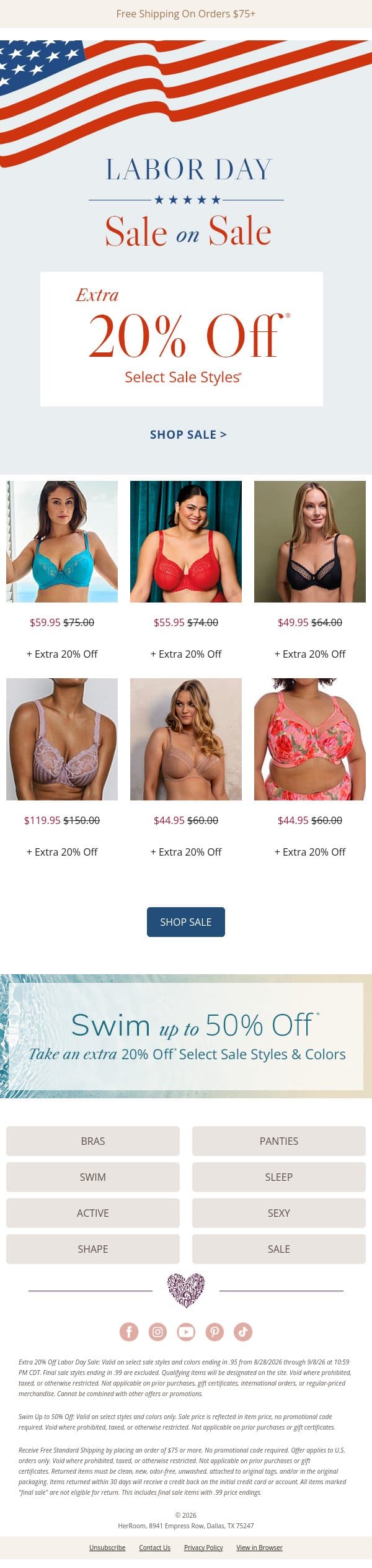 Celebrate Labor Day with Extra 20% Off email from HerRoom screenshot