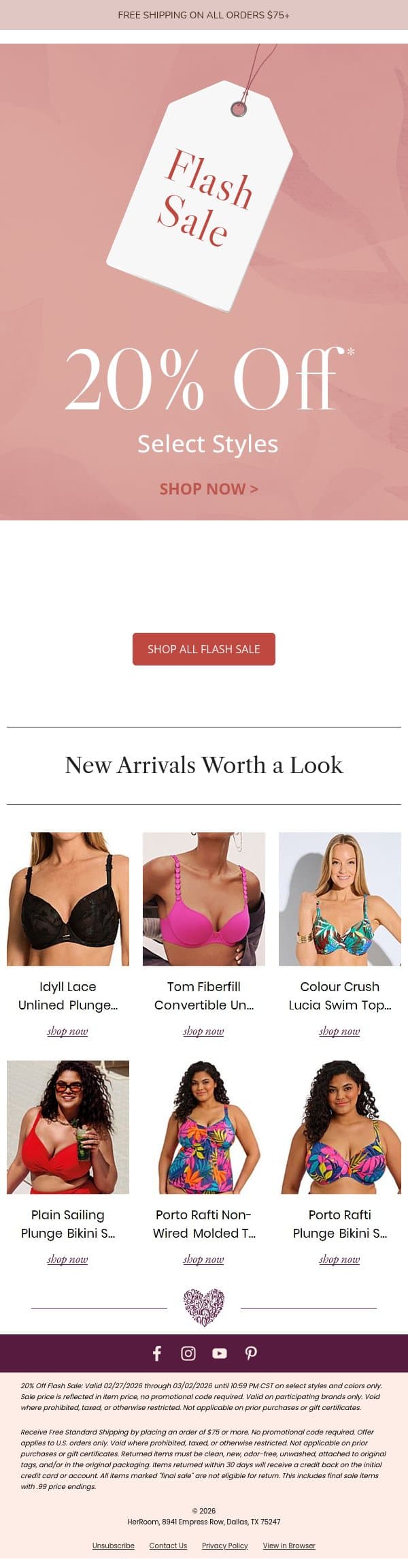 Flash Sale Alert: 20% Off Select Styles email from HerRoom screenshot