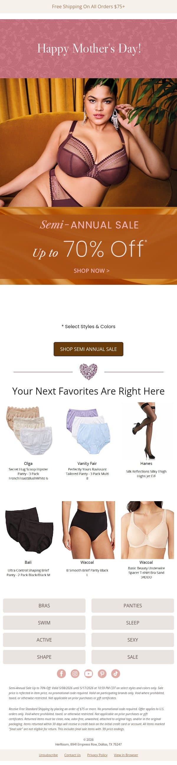 Celebrate Mom with Semi-Annual Savings Up to 70% Off email from HerRoom screenshot