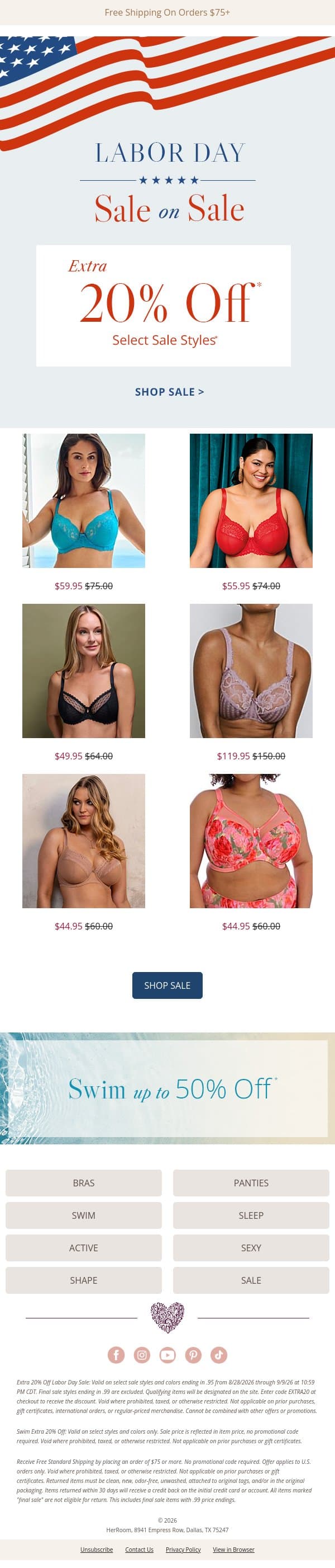 Labor Day Savings Are Here: Extra 20% Off email from HerRoom screenshot
