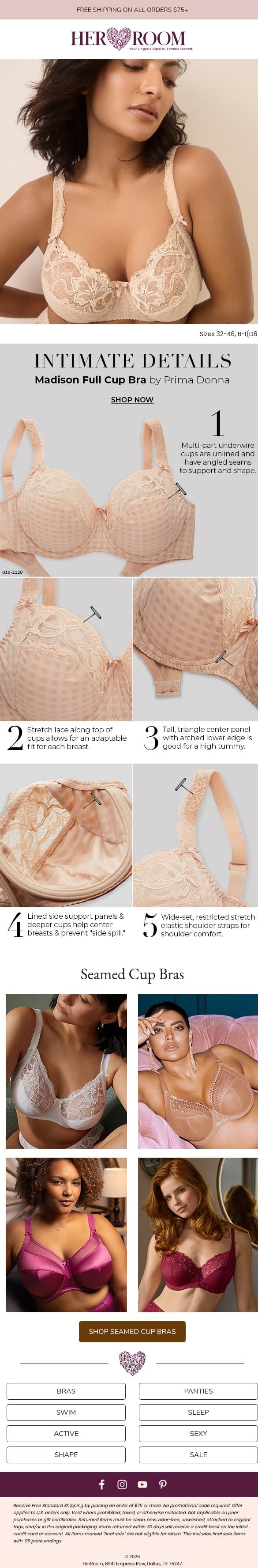 Seamed Cup Bras = Serious Support (and Pretty Too) 😉 email from HerRoom screenshot