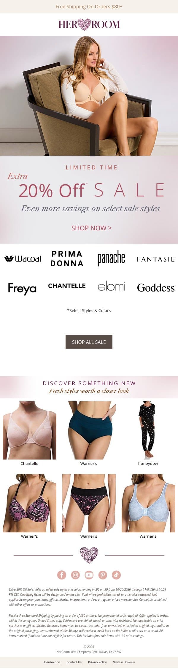 Extra 20% Off! More Savings to Discover email from HerRoom screenshot