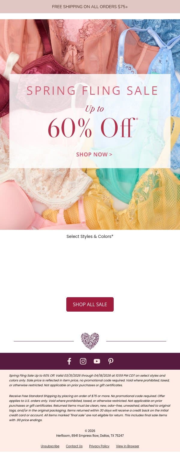 Spring Fling into Savings—Up to 60% Off email from HerRoom screenshot