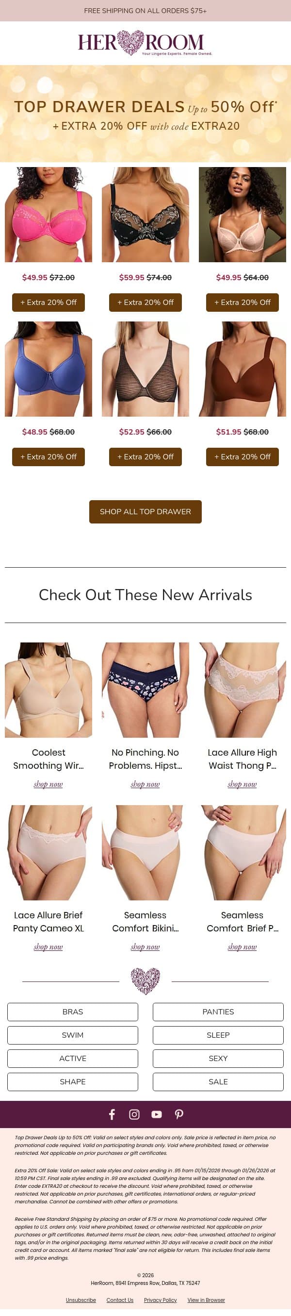 Ends Soon: Top Drawer Deals—Up to 50% Off + Extra 20% Off email from HerRoom screenshot