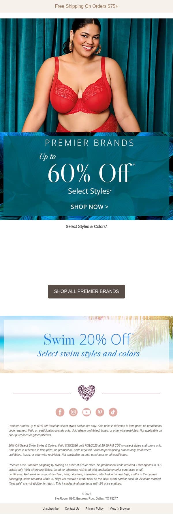Don't Miss Up to 60% Off Premier Brands email from HerRoom screenshot