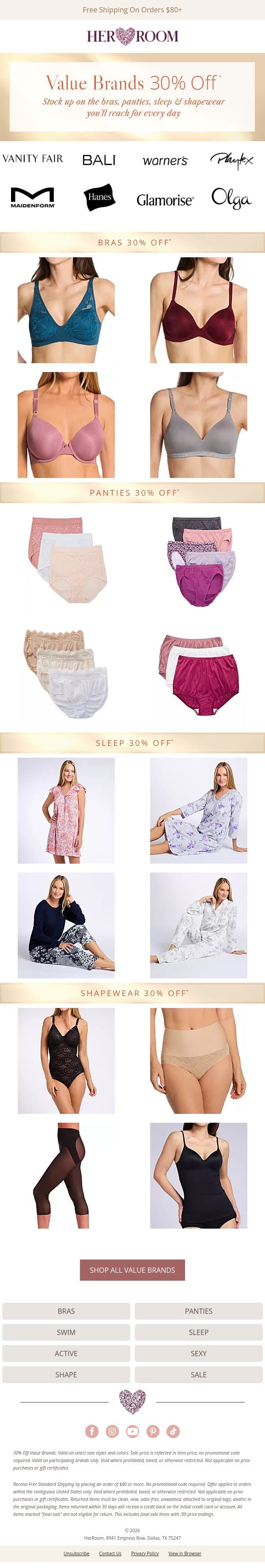 30% Off Value Brands! The Styles You Love for Less email from HerRoom screenshot