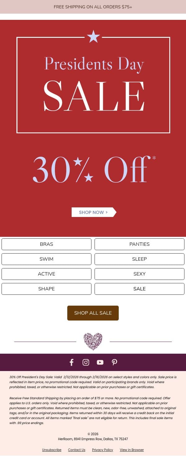 Presidents Day: 30% Off Starts Now email from HerRoom screenshot