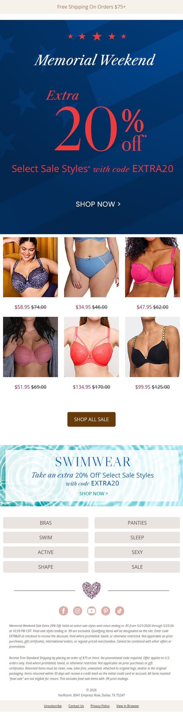 Memorial Weekend Sale: Extra 20% Off with code EXTRA20 💥 email from HerRoom screenshot