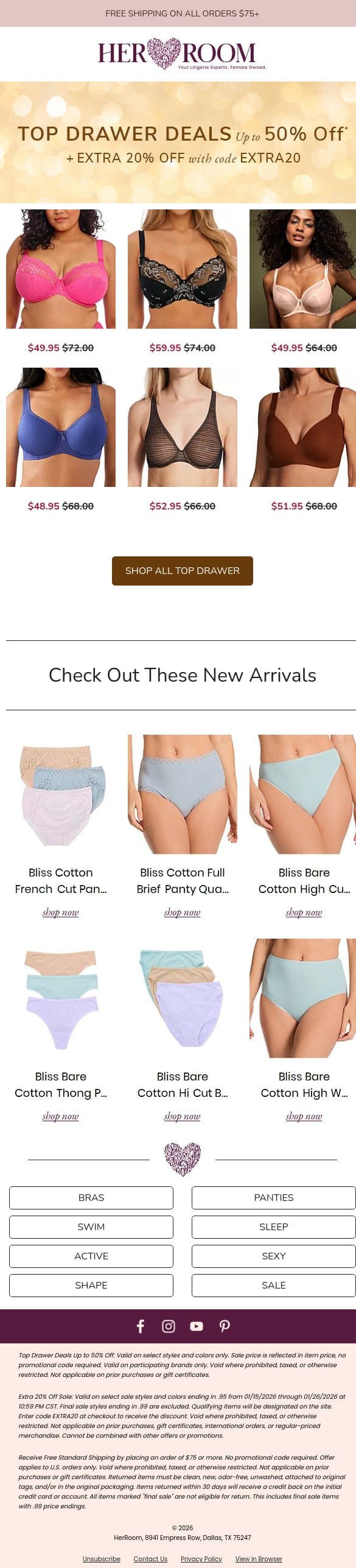 Sale on Sale Up to 50% Off + EXTRA 20% Off with code EXTRA20 email from HerRoom screenshot