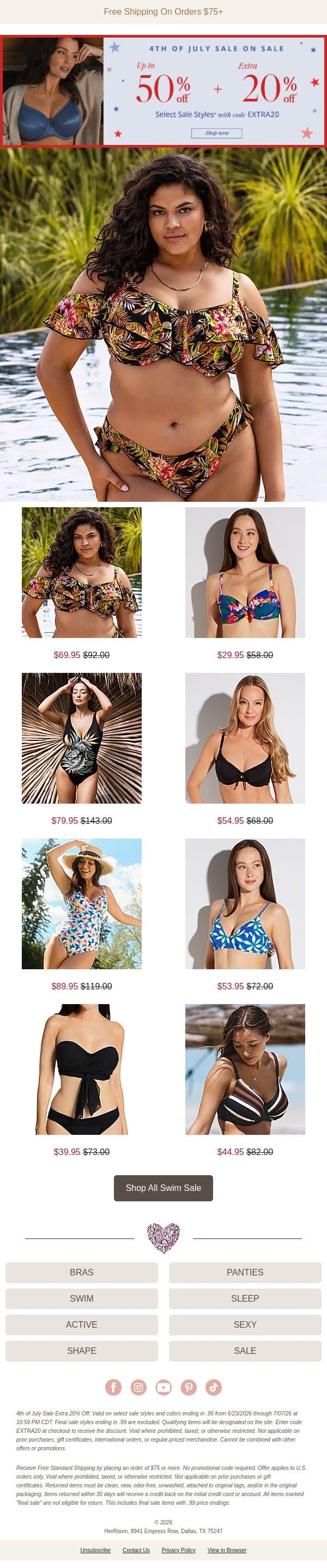 Dive Into Savings: Extra 20% Off Select Sale Swim with Code EXTRA20 email from HerRoom screenshot
