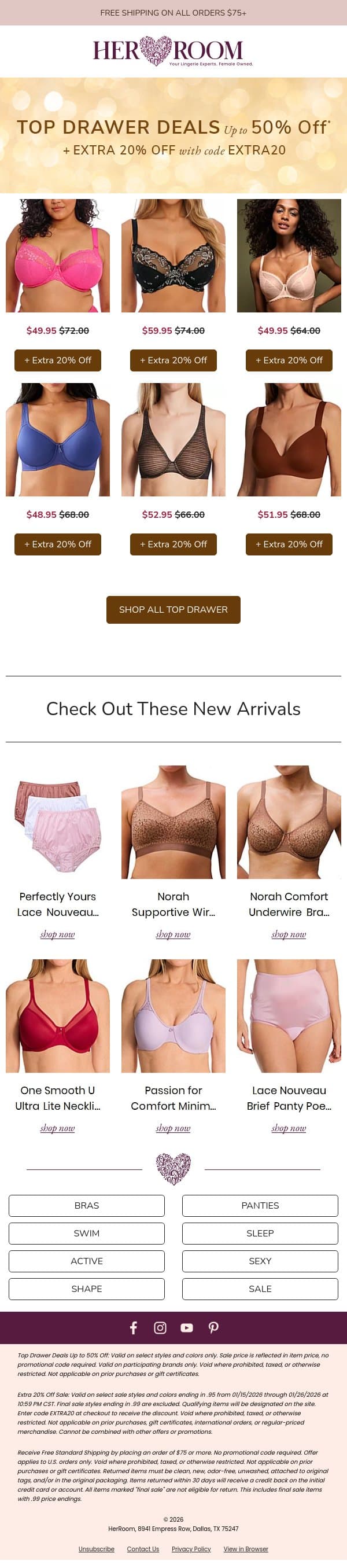 Top Drawer Deals: Up to 50% Off + Extra 20% Off email from HerRoom screenshot