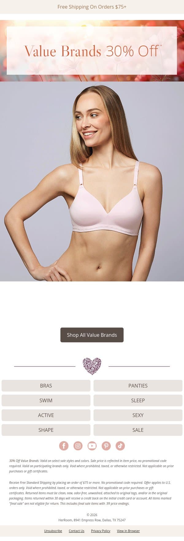 Save 30% Off Bali, Vanity Fair & More! email from HerRoom screenshot