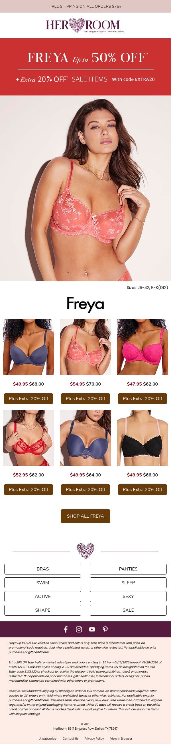 Freya Favorites on Sale: Up to 50% Off + Extra 20% Off with Code EXTRA20 email from HerRoom screenshot