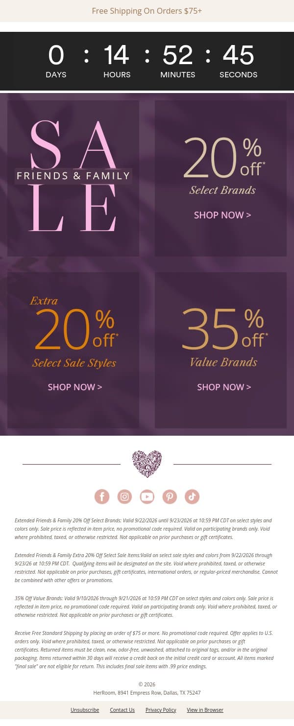 One More Day of Friends & Family Savings email from HerRoom screenshot