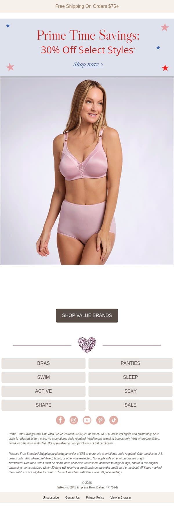 Prime Time Savings: 30% Off Starts Now ⏰ email from HerRoom screenshot