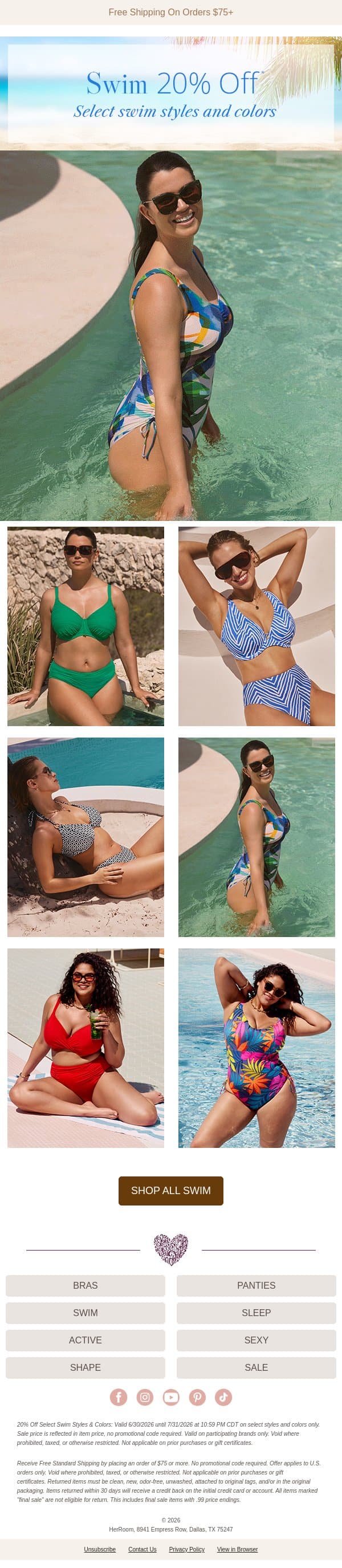 Dive In for 20% Off Swim on Select Styles & Colors! 😎 email from HerRoom screenshot