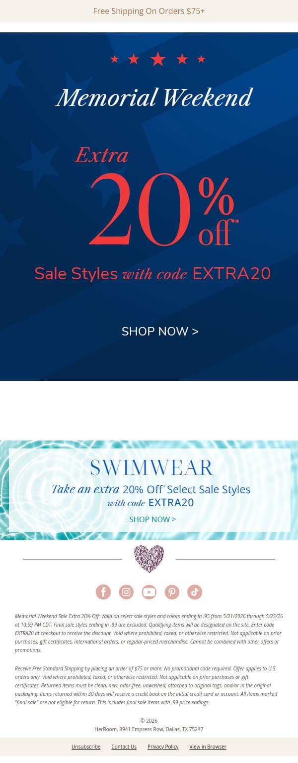 , Your Early Access to Memorial Day Savings Is Here email from HerRoom screenshot