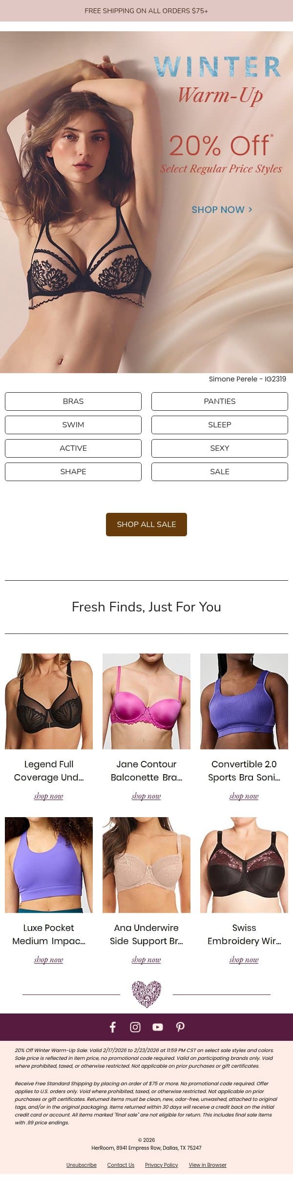 Warm Up With 20% Off Select Regular-Priced Picks email from HerRoom screenshot