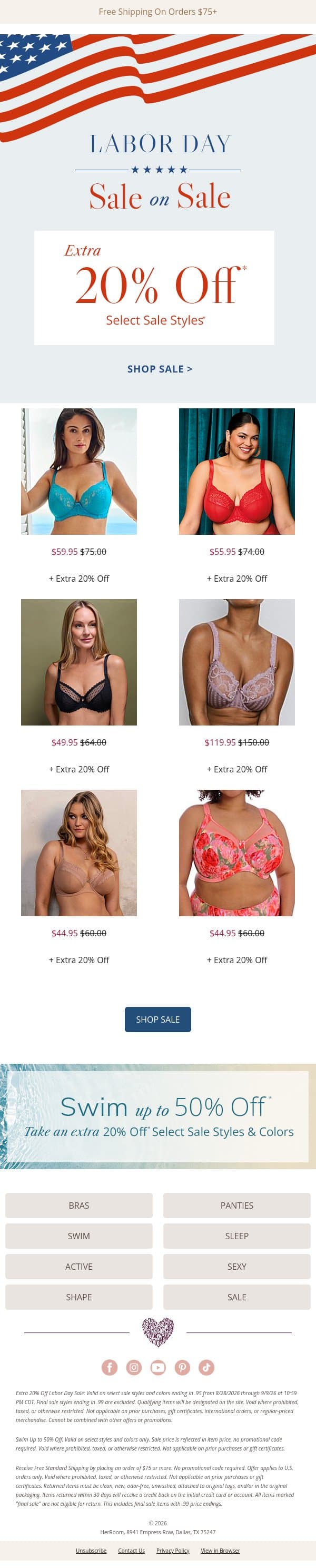 Labor Day: Extra 20% Off Already Reduced Styles email from HerRoom screenshot