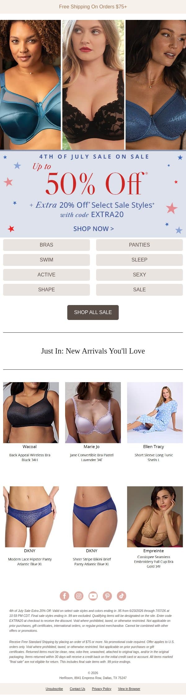 Red, White & Savings: Extra 20% Off Select Sale Items with Code EXTRA20 email from HerRoom screenshot