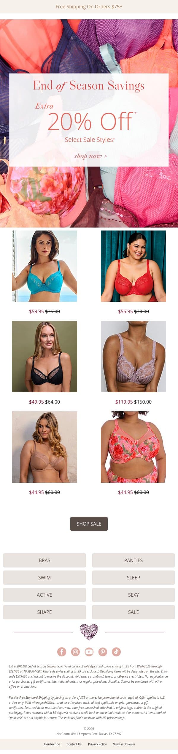End of Season Savings + Extra 20% Off Sale email from HerRoom screenshot