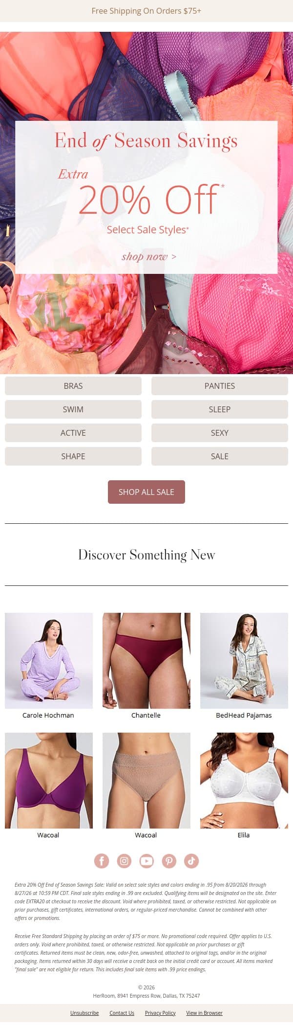 End of Season, Extra Savings: 20% Off Sale email from HerRoom screenshot