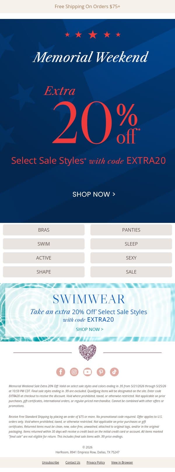 Memorial Day Savings Start Now 💙Extra 20% Off Sale w/ Code EXTRA20 email from HerRoom screenshot