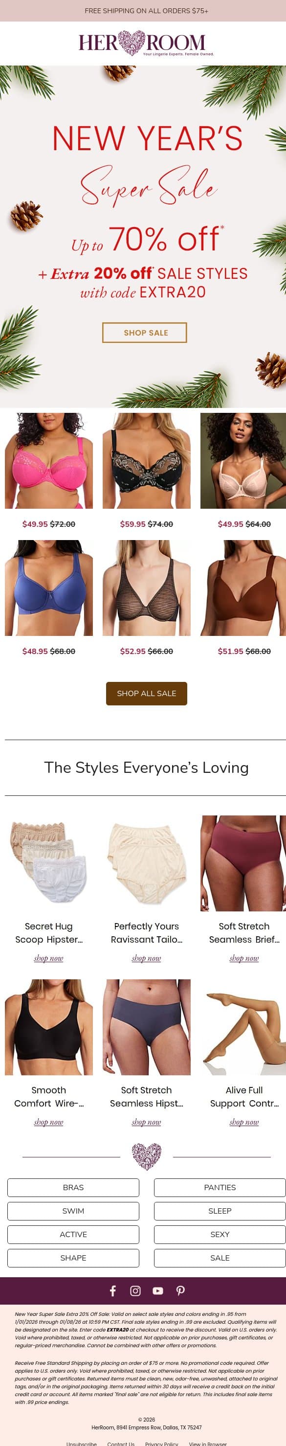 New Year Sale Extended—Shop One More Day! email from HerRoom screenshot