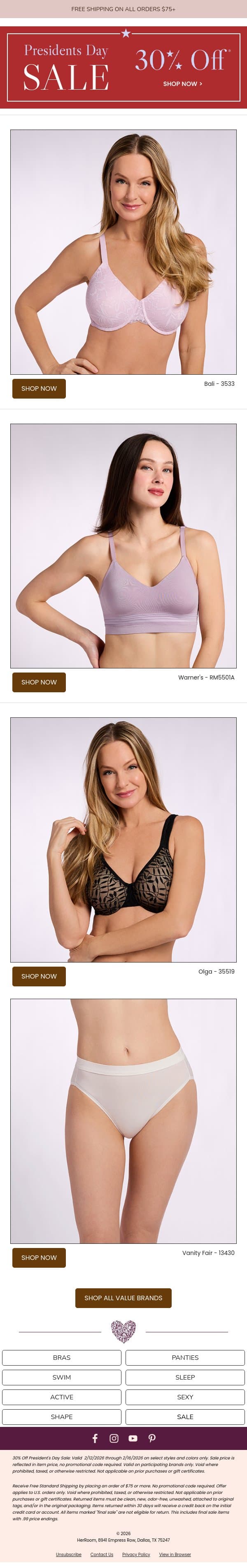 Last Day: Presidents Day 30% Off email from HerRoom screenshot