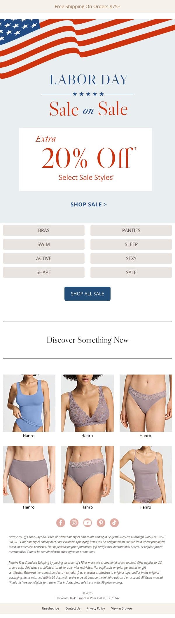Labor Day Weekend: Extra 20% Off Already Reduced Styles email from HerRoom screenshot