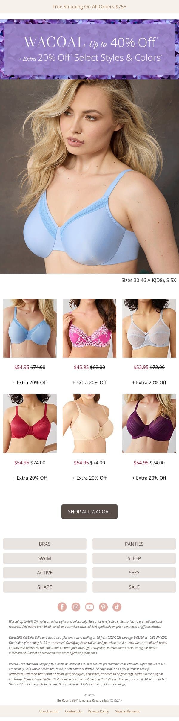 Wacoal Up to 40% Off + Extra 20% Off email from HerRoom screenshot