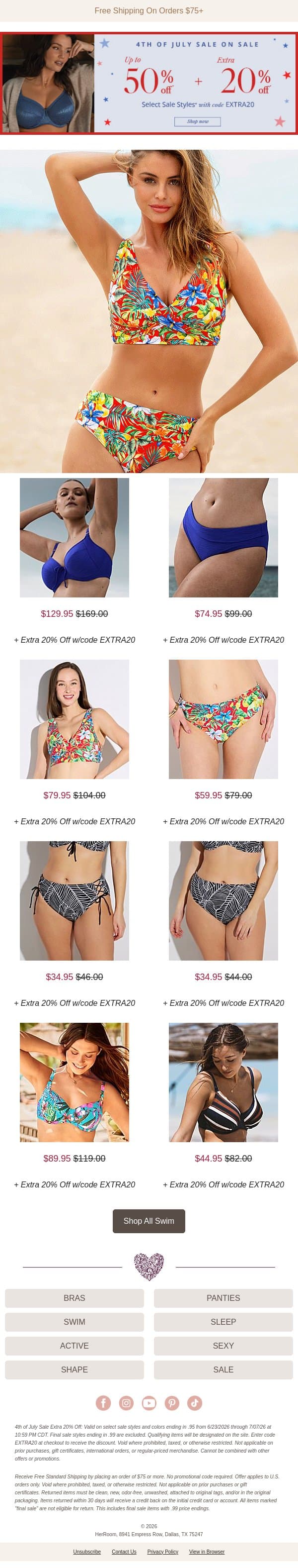 Save Up to 50% on Swim + Extra 20% with Code EXTRA20 email from HerRoom screenshot