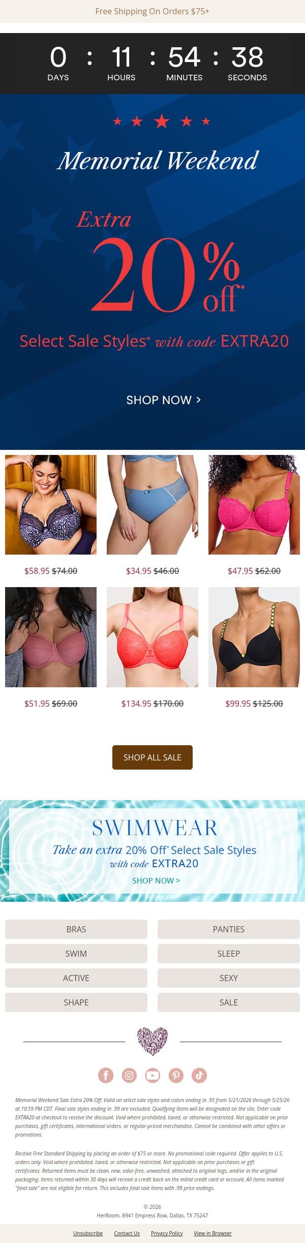 Ends Tonight: Extra 20% Off Sale Styles — Code EXTRA20 email from HerRoom screenshot