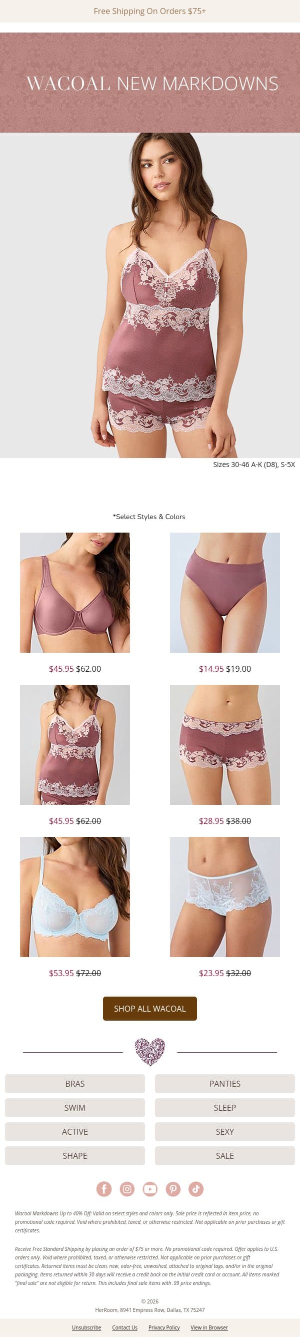 Up to 40% Off New Markdowns: Wacoal Styles You’ll Love email from HerRoom screenshot
