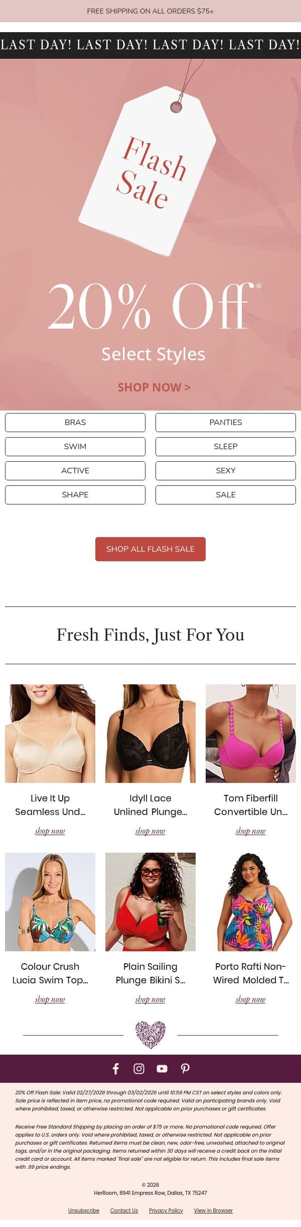 Flash Sale Finale: Last Day for 20% Off Select Styles email from HerRoom screenshot