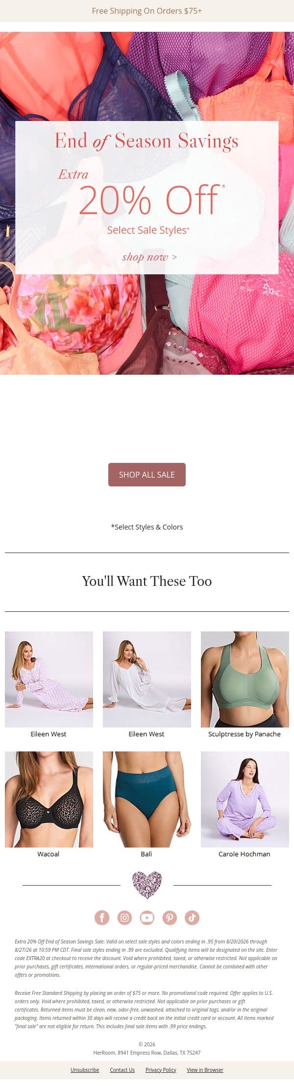 Extra 20% Off End of Season Savings! email from HerRoom screenshot