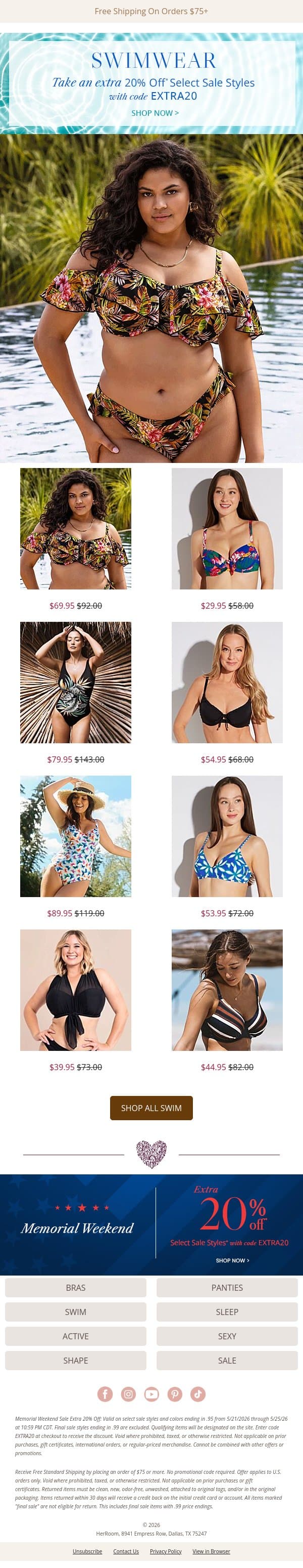Make a Splash With Extra 20% Off Select Swim email from HerRoom screenshot