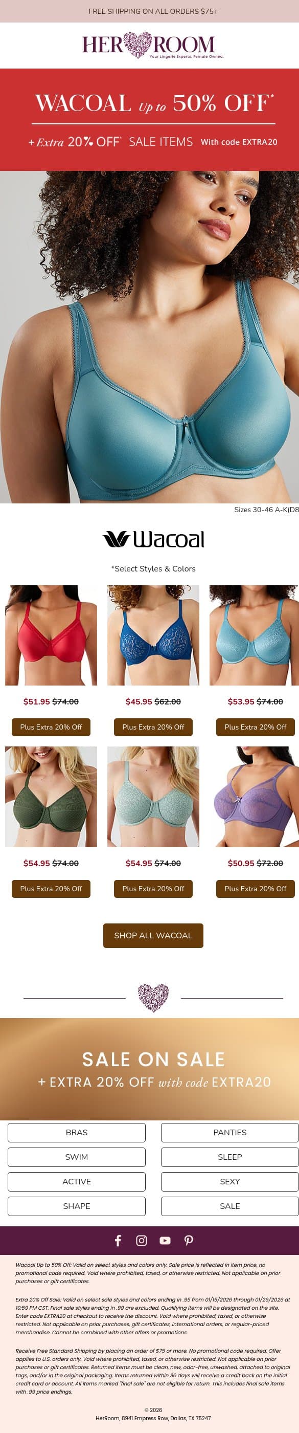 Wacoal 💕 Up to 50% Off + EXTRA 20% Off w/ code EXTRA20 email from HerRoom screenshot