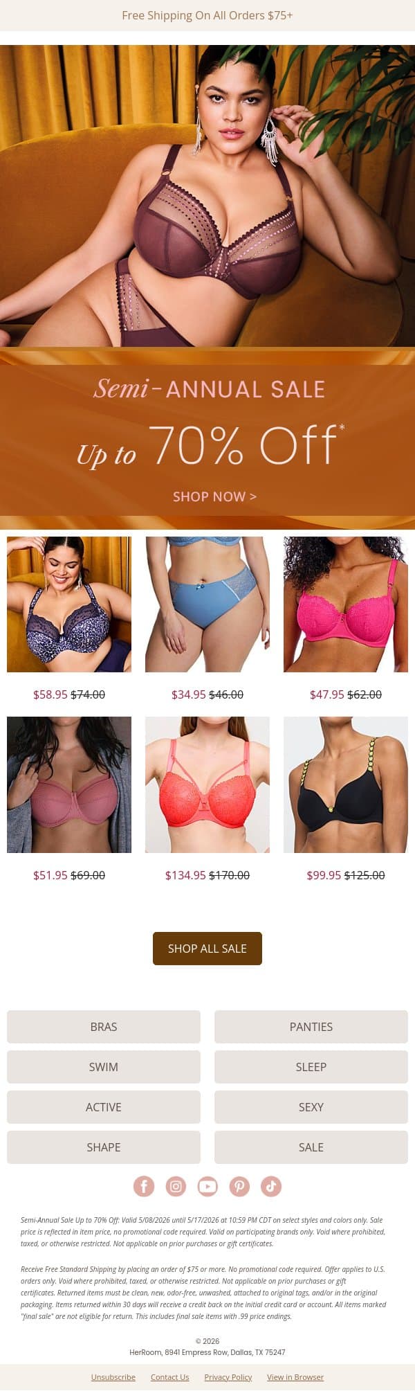 Don’t Miss the Semi-Annual Sale: Up to 70% Off email from HerRoom screenshot