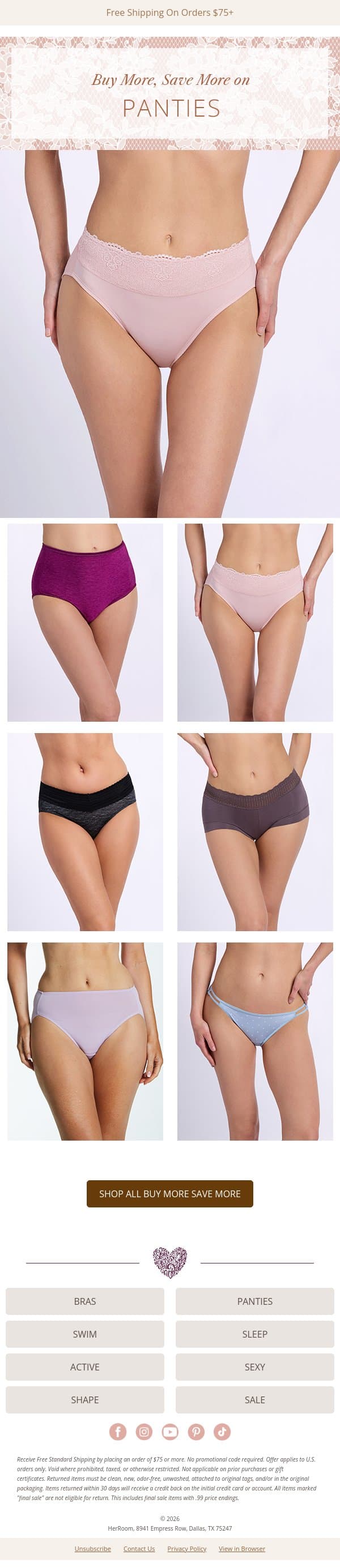 Buy 3+ Panties & Save ✨ Stock Up on Everyday Favorites email from HerRoom screenshot