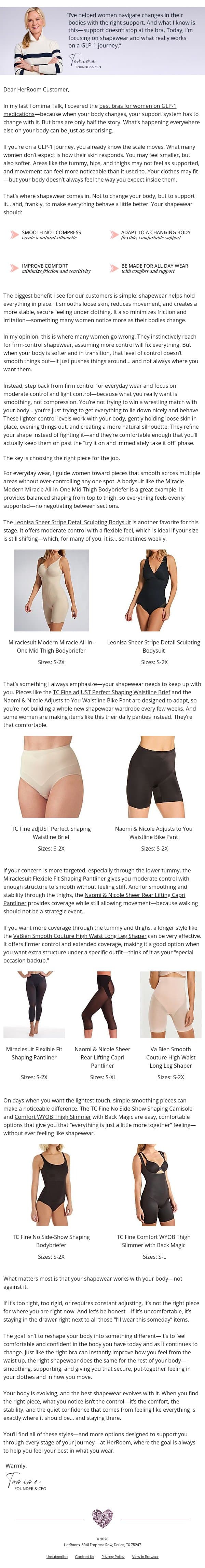 GLP-1 Friendly Shapewear email from HerRoom screenshot