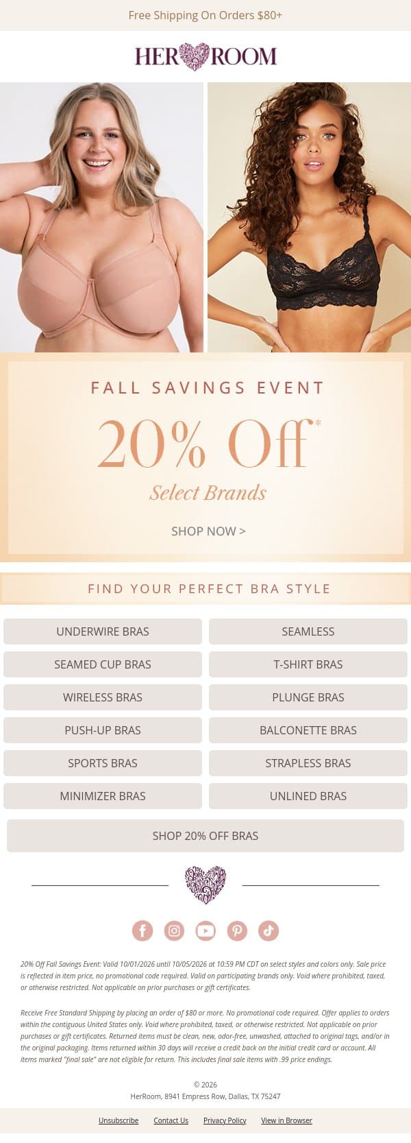 Fall Savings Event: 20% Off Your Perfect Bra Style email from HerRoom screenshot