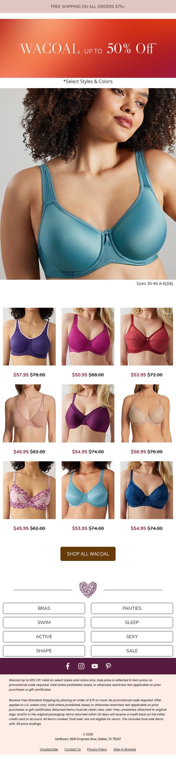 Wacoal 💕 Up to 50% Off email from HerRoom screenshot