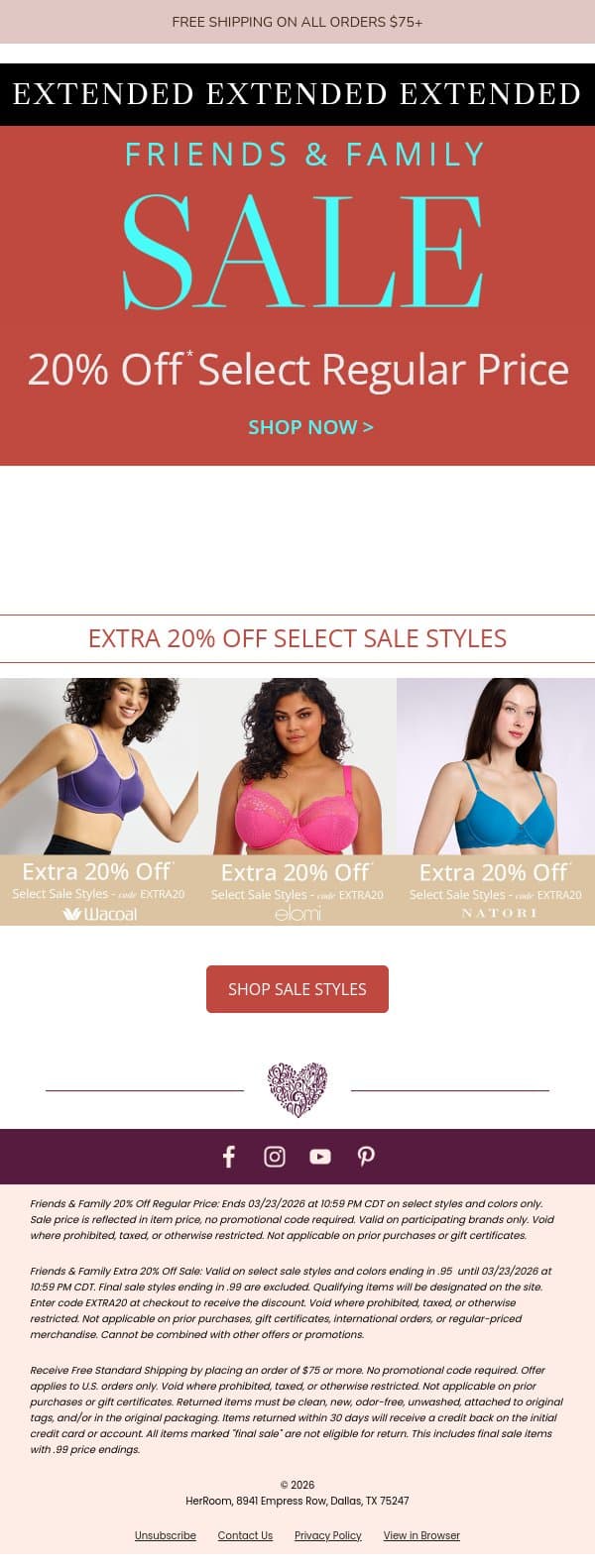 Missed Out? Friends & Family 20% Off Still Here—One More Day! email from HerRoom screenshot