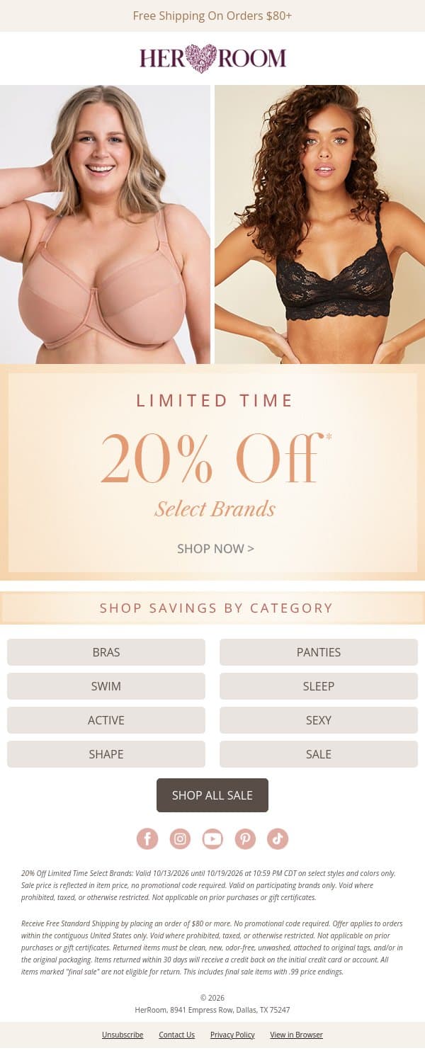 Limited Time: 20% Off Select Brands email from HerRoom screenshot